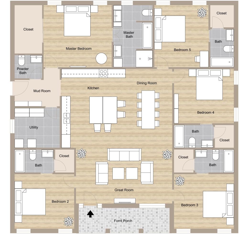2D Organic Style House Plan With Kitchen Island