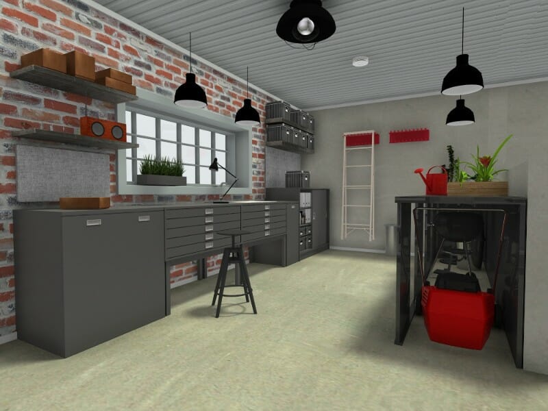 3D Photo of a garage with a red brick wall and black and red details.