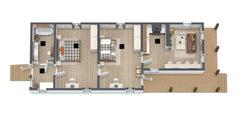 3D floor plan of a single-story shotgun-style house with a front porch leading into an open living and kitchen area. Behind the living space are two bedrooms and a central hallway, followed by a primary bedroom at the back. The rear of the house features a bathroom with a bathtub and a back deck entrance.