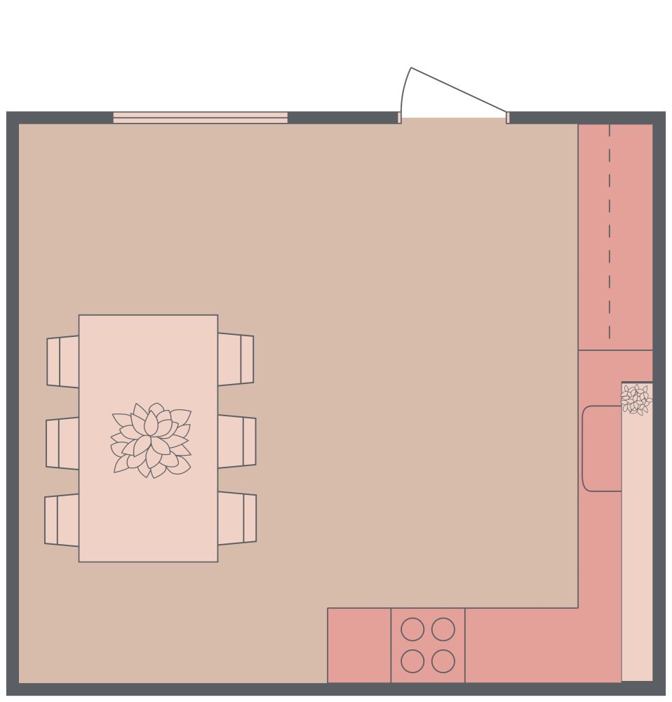 Pink and Black L-Shaped Kitchen 2D Floor Plan