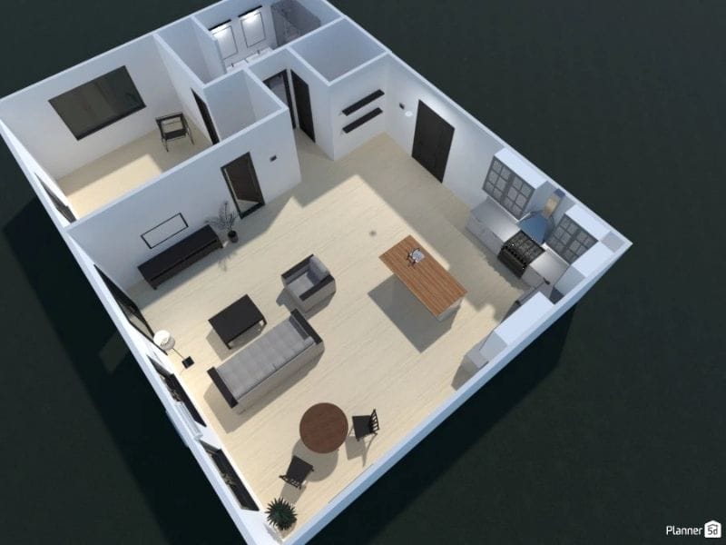 3D Floor Plan made with Planner 5D. The image shows an apartment with one bedroom, one bathroom, one combined living room and kitchen, and a storage closet.