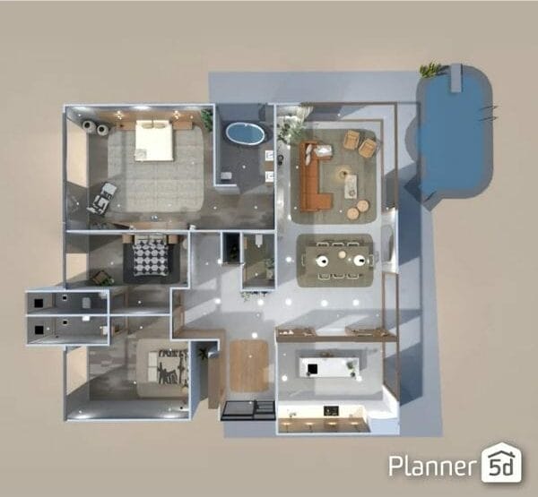 3D Floor plan made with Planner 5D. The floor plan has three bedrooms, four bathrooms, a kitchen, a dining area, and a living room. The outside area has a pool.