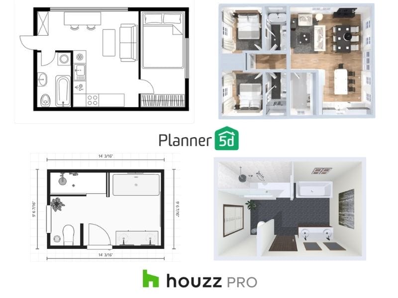 Comparison of Planner 5D and Houzz Pro software showing 2D floor plans with measurements and 3D room visualizations.