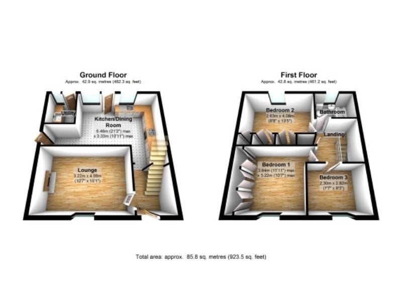 3D Floor Plan of a floor plan made with PlanUp. The floor plan shows a two-story house with a kitchen/dining room, utility room, and a lounge area on the ground floor. There is a staircase leading up to the first floor, where there are three bedrooms and one bathroom.
