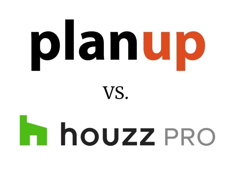 Logo comparison of PlanUp versus Houzz Pro. The image shows PlanUp in bold black and orange text at the top, and Houzz Pro with a green house icon and gray text at the bottom, separated by ‘vs.’ in the center.