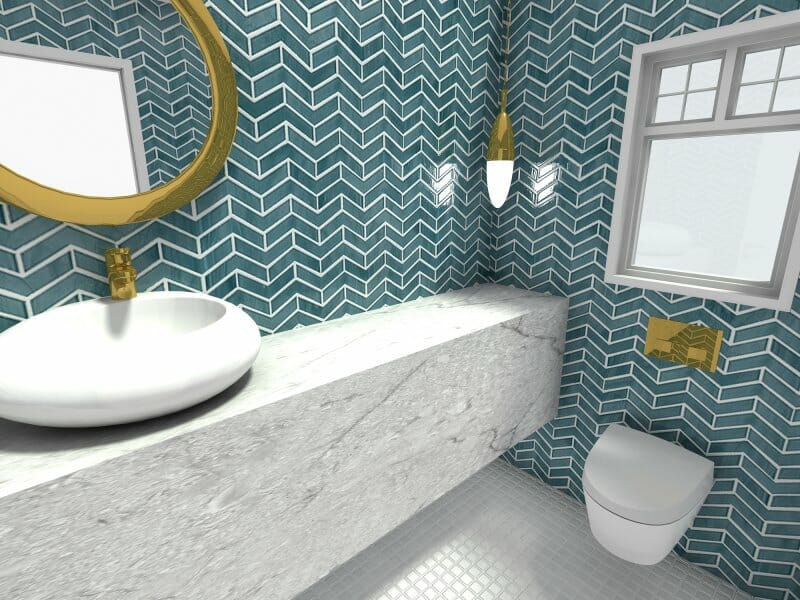 3D Photo of a half bath with marble, gold, and blue details.