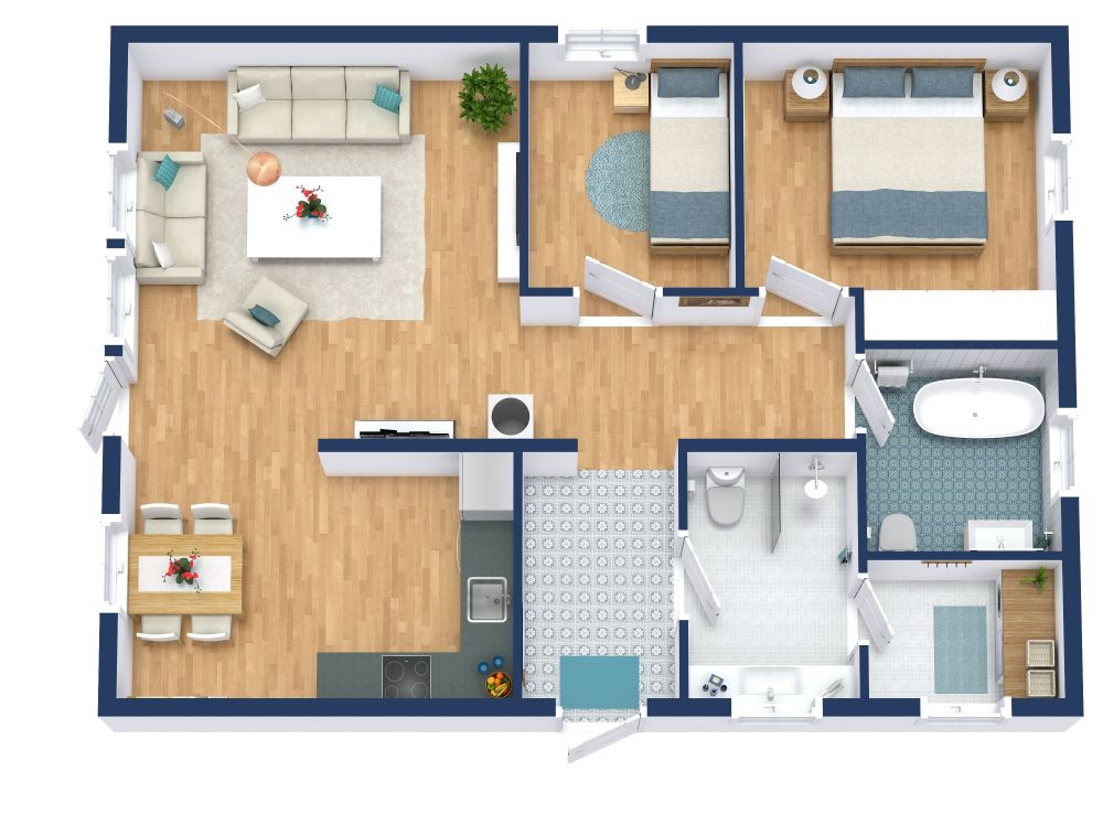 Practical 2 Bedroom House Plan With L-Shaped Kitchen