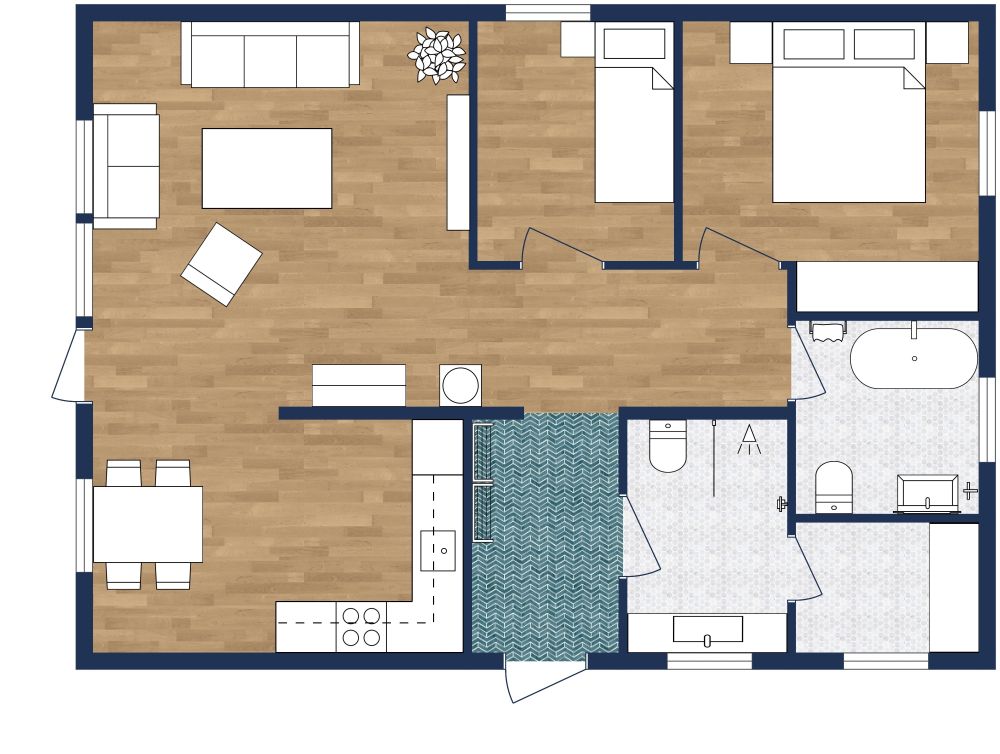 Practical 2 Bedroom House Plan With L-Shaped Kitchen 2D