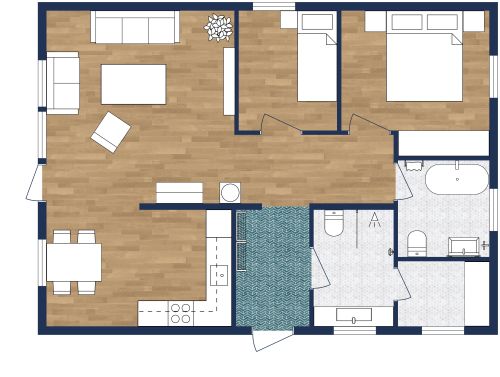 Practical 2 Bedroom House Plan With L-Shaped Kitchen