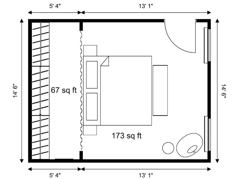 2D black-and-white bedroom floor plan measuring 14’6” by 13’1”. The layout includes a double bed in the center with nightstands, a bench at the foot of the bed, and a sitting area with a chair and side table. A 67 sq ft walk-in closet is shown on the left, and the main bedroom area measures 173 sq ft.