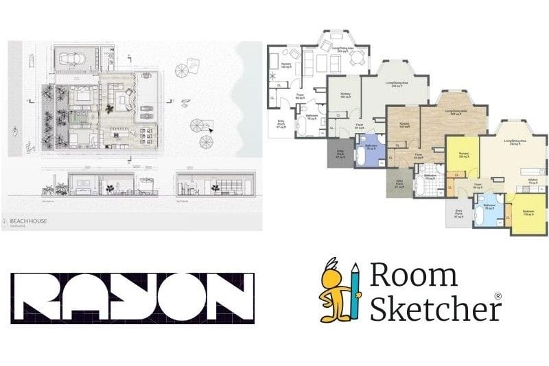 Rayon vs RoomSketcher. On the left side of the image there is a screenshot of a 2D floor plan made with Rayon. The floor plan is of a 2 bedroom house which includes a site plan. Below the screenshot is the Rayon logo. On the right side of the image is a screenshot of multiple 2D floor plans made with RoomSketcher. The floor plans are in different colors and materials to showcase the customization options of the 2D floor plans made with RoomSketcher. They are in black-and-white, standard grey and blue, materials, and a color coded one in yellows. Below the floor plans is the RoomSketcher logo.