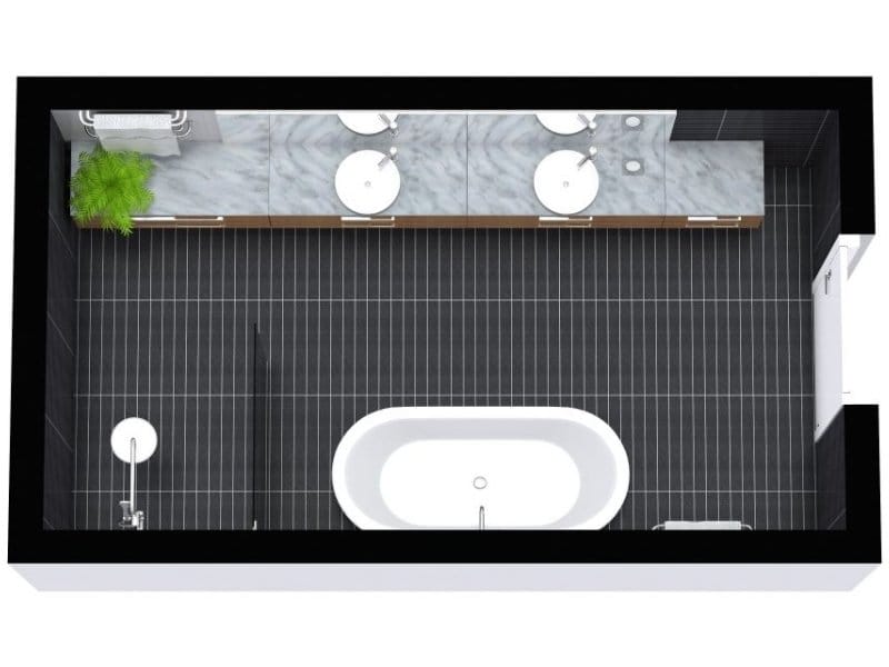 3D floor plan of a modern primary bathroom with a freestanding bathtub, walk-in shower, and a long double vanity with marble countertop and two sinks. The design features dark floor tiles, sleek finishes, and a touch of greenery.
