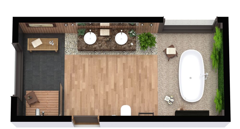 Rectangular Master Bathroom Layout with Tropical Décor