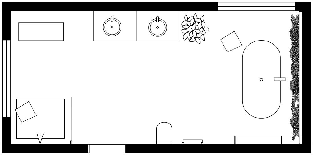 2D Floor Plan of Rectangular Master Bathroom Layout with Tropical Décor