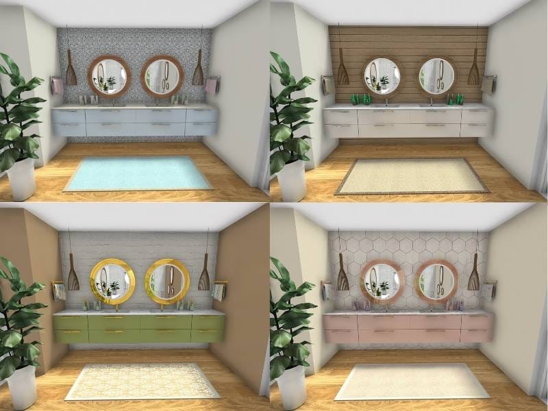 Four 3D photos showcasing replace material in a bathroom. One blue, one neutral, one green, and one pink bathroom.