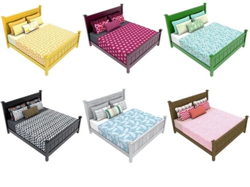3D photo showing six photos of one bed where Replace Materials have been used, each bed follows a color scheme. One bed is yellow with yellow bedding, one bed is purple with purple bedding and light purple polkadots, one bed is green with blue bedding, one bed is black with black and white bedding, one bed is white with blue and white bedding, and the last bed is brown with pink bedding.