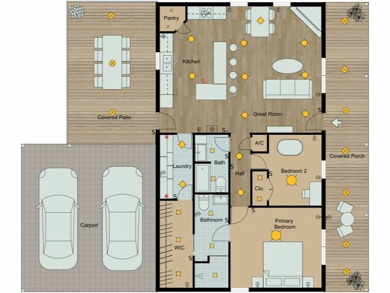 Electrical floor plan of a house showing kitchen, great room, bedrooms, bathrooms, laundry, and outdoor areas with lighting fixtures, switches, and outlets marked using electrical symbols.