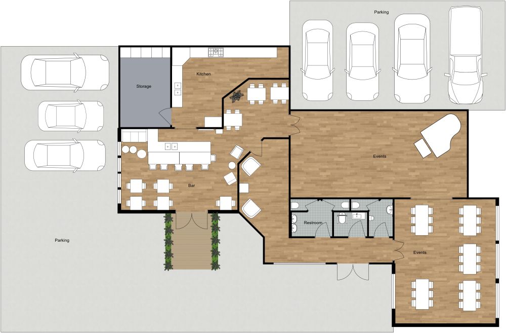 Restaurant 2D Floor Plan with Large Parking Lot