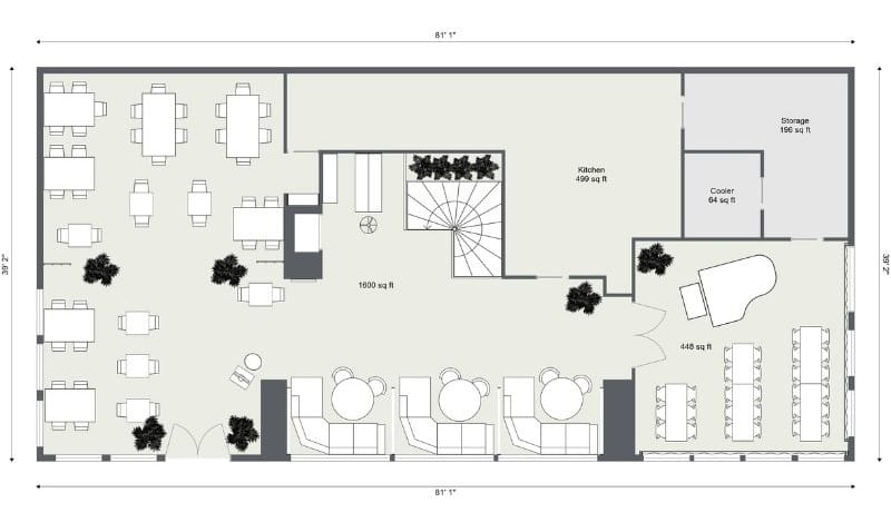 2D floor plan of a restaurant layout with labeled areas.