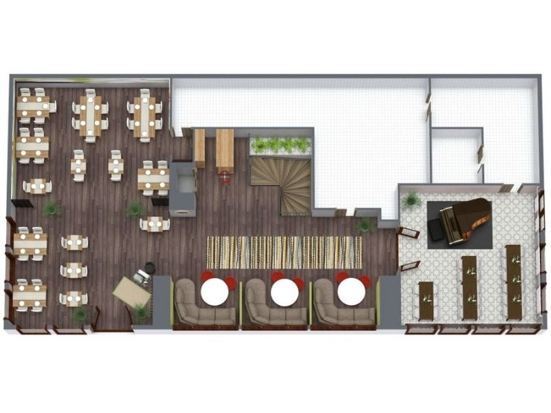 3D floor plan of a stylish restaurant layout with wood flooring.