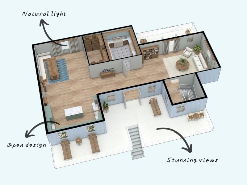 3D floor plan of a single-story home with open layout, natural light, and outdoor patio with views.