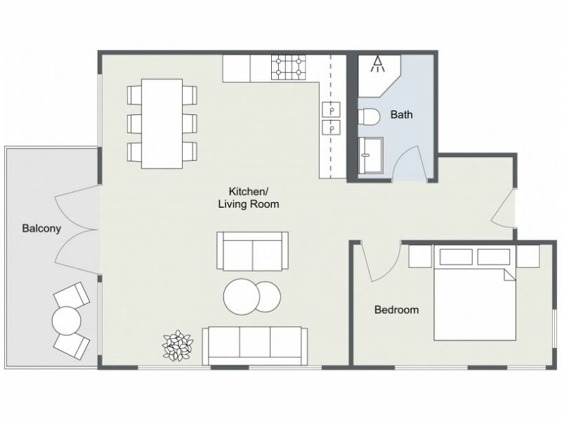 2D furnished floor plan of a one-bedroom apartment featuring a combined kitchen and living room, a bathroom, and a balcony. The layout includes labeled rooms with furniture illustrations, such as sofas, a dining table, and a bed, providing a clear view of how the space is arranged.