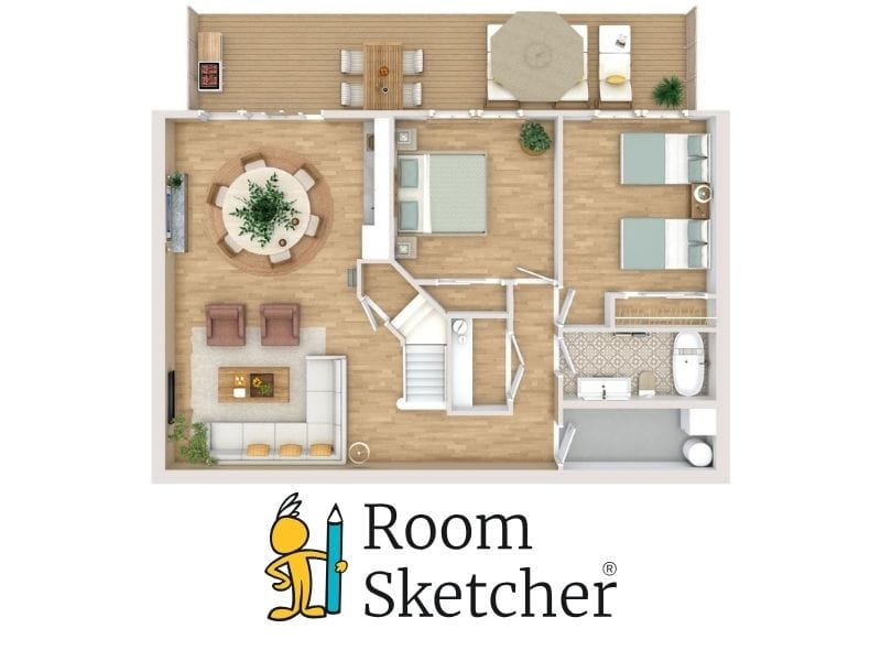 3D Floor Plan of a basement apartment with two bedrooms in blush and neutral colors. The floor plan features two bedrooms, one bathroom, an open living space, and a terrace.