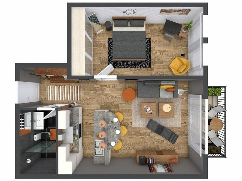 Top-down 3D floor plan of a furnished apartment showing bedroom, living area, kitchen, bathroom, and balcony.