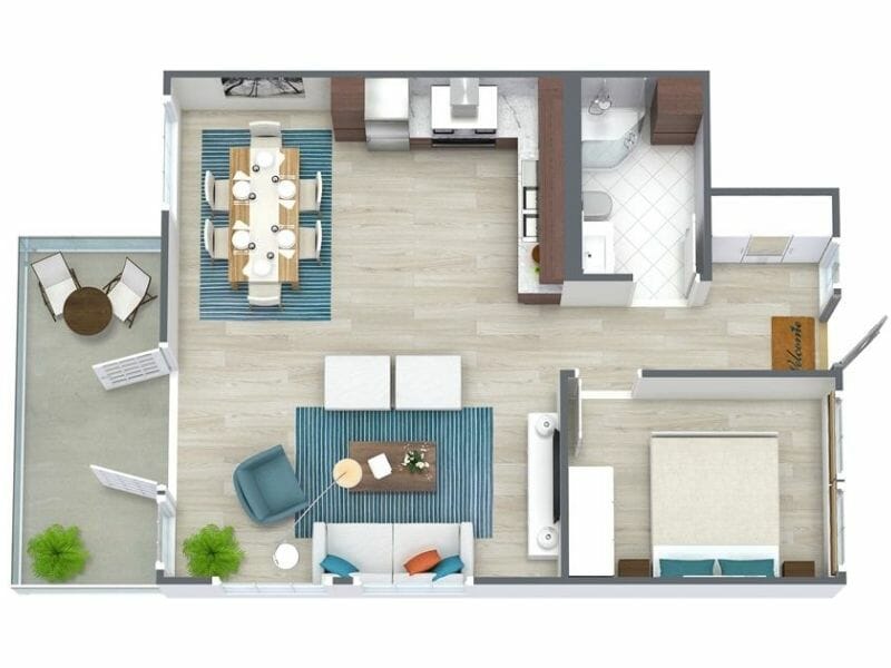 Fully furnished 3D floor plan of a one-bedroom apartment featuring a modern open-concept layout. Includes a kitchen, dining area, and living room with coordinated furniture and rugs, a bathroom with tiled flooring, and a bedroom with a double bed. A balcony with outdoor seating is accessible from the living area, and the main entrance is marked with a doormat.