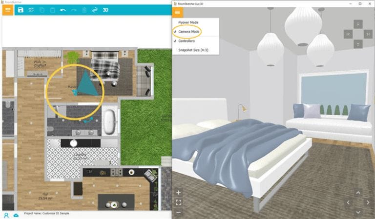 Split-screen view of the RoomSketcher app showing a floor plan on the left and a 3D bedroom visualization on the right. The floor plan includes camera placement for 3D viewing, while the 3D view displays a modern bedroom with a bed, blue bedding, pendant lights, and a window seat.