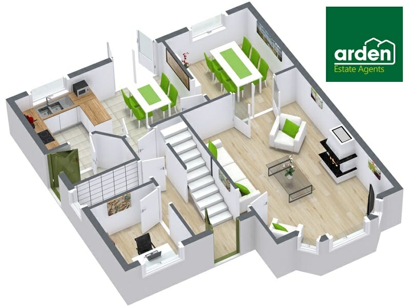 3D isometric floor plan of a residential property, branded with the Arden Estate Agents logo in the top right. The layout features a kitchen with L-shaped counters, two dining areas with green chairs and white tables, a living room with armchairs, a fireplace, and a coffee table. There is a central staircase, a hallway with built-in storage, and a small office room. Light wood flooring runs throughout, complemented by bright green accents on furniture, creating a fresh, modern aesthetic.