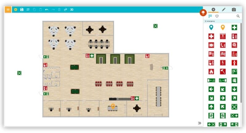 Evacuation plan software used to create a building evacuation map, showing exits, emergency equipment, and safety signage placed on a floor plan.