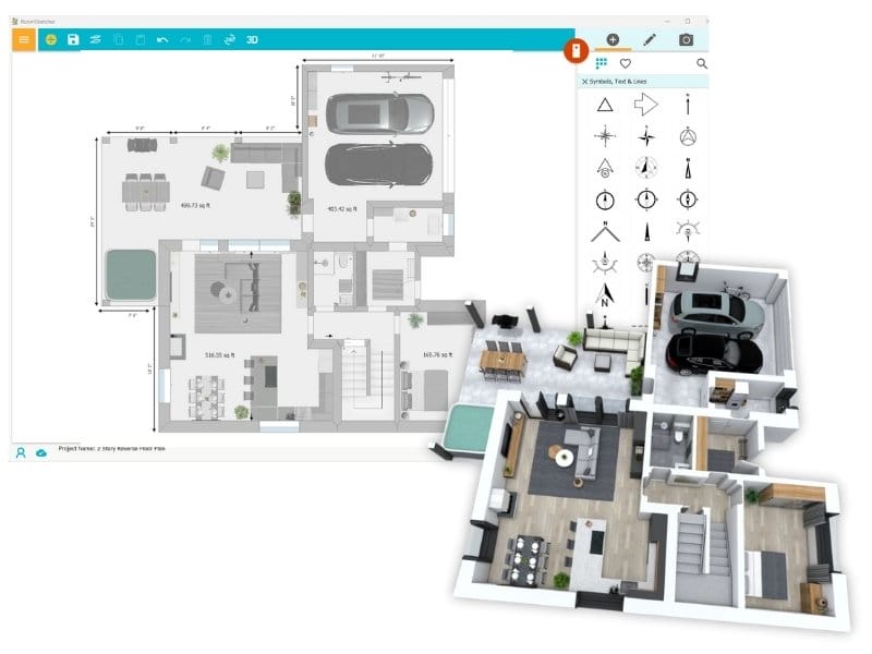 Side-by-side view of a digital home design in the RoomSketcher app. The left shows a 2D floor plan with labeled rooms, furniture, garage space, and outdoor areas. The right side features a detailed 3D rendering of the same layout, including two parked cars, a patio, living and dining areas, a hot tub, and a staircase. The interface includes drawing tools and symbols for customization.