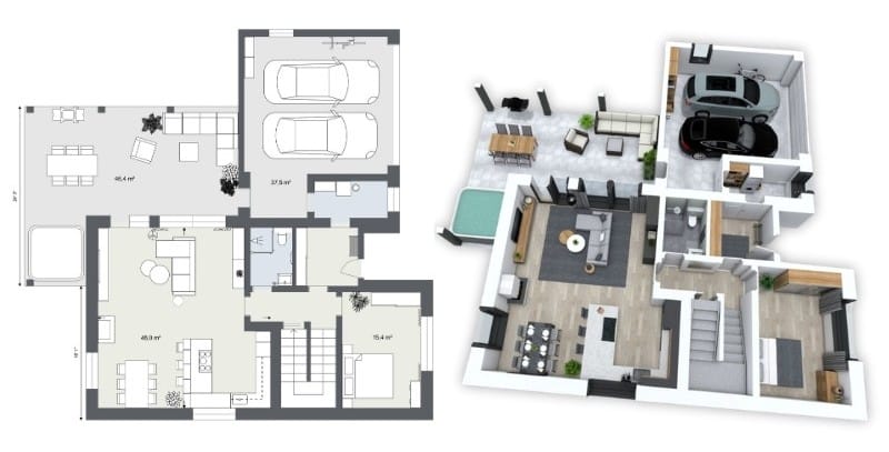 A 2D floor plan of a house next to a 3D generated version of the same floor plan.