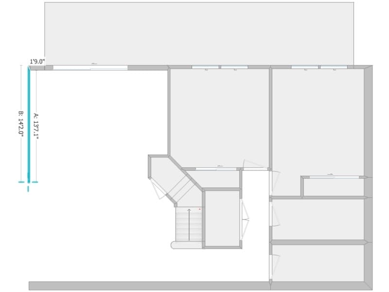 2D floor plan layout of a residential space created in the RoomSketcher app. The plan includes multiple rooms, a central staircase, labeled wall measurements, and exterior balcony space. Measurement lines A and B are shown on the left side, indicating wall lengths of 13'7.1" and 14'2.0", respectively.