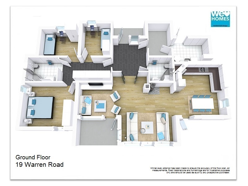 Overhead 3D floor plan rendering labeled “Ground Floor – 19 Warren Road,” designed as a branded letterhead for “We Love Homes” in the top‑right corner. The apartment layout uses a clean white and light‑wood base with coordinated aqua‑blue accents on beds, chairs, cushions, and curtains, visually tying the interior illustration to the company’s logo color on the stationery.