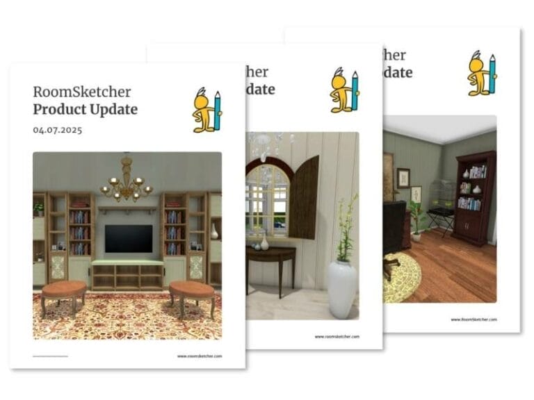 Three RoomSketcher Product Update pages showing rendered 3D interior scenes, including a living room with built-in shelving and TV, a hallway with an arched mirror and console table, and a home office with bookshelf and desk.
