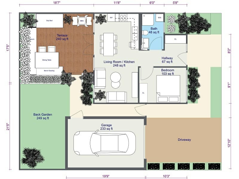 Color-coded 2D floor plan of a single-story home with labeled areas including a bedroom, bathroom, hallway, open living room and kitchen, terrace with seating, back garden, garage, and driveway. Dimensions and square footage are marked for each section.