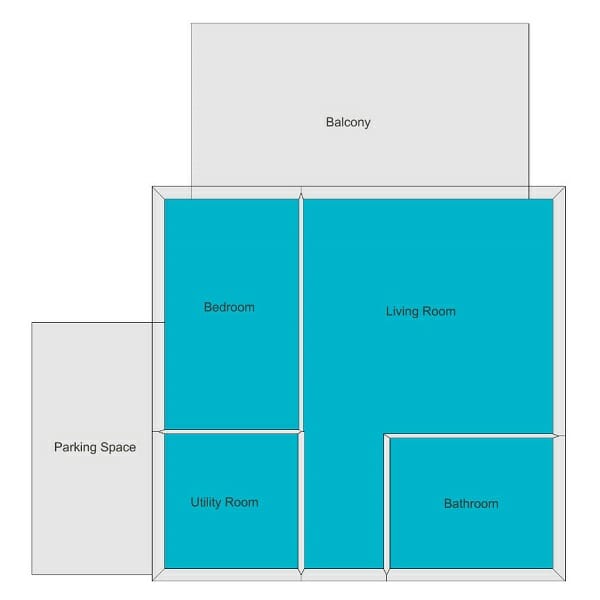 2D Floor Plan drawing showing Internal Zone Area in the Total Area measurement tool marked in blue showing which areas that are included in the measurement. 