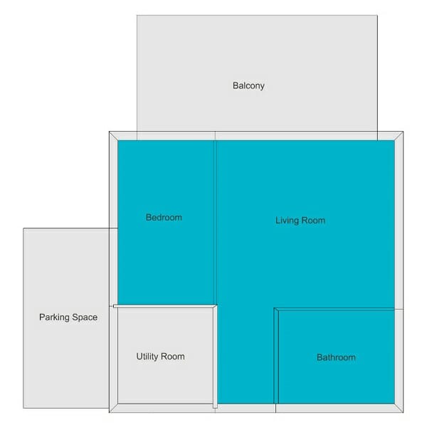 2D Floor Plan drawing showing Primary Area in the Total Area measurement tool marked in blue showing which areas that are included in the measurement. 