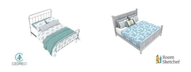 Comparison of a bed in Cedreo (left) and RoomSketcher (right). The Cedreo bed features a metal frame with layered bedding in white and teal tones, shown with a soft, bright render. The RoomSketcher bed has a more detailed wooden frame and patterned bedding in shades of blue, with accent pillows.