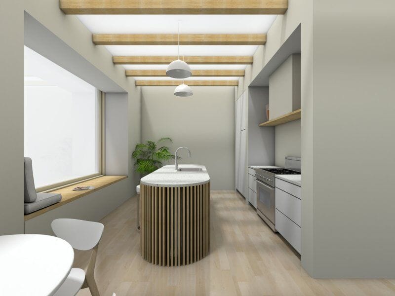 3D rendering of a modern, minimalist kitchen with light wood flooring and exposed ceiling beams. The space features a unique oval-shaped island with vertical wood slats and a white countertop, pendant lights above, and built-in cabinetry along one wall with a gas stove and range hood. A large window with a cushioned bench seat lets in natural light, and a potted plant adds a touch of greenery.