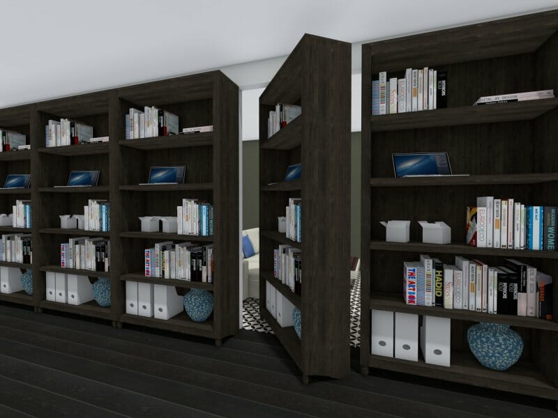 3D Photo of safe room/panic room behind secret doors made out of bookcases. 