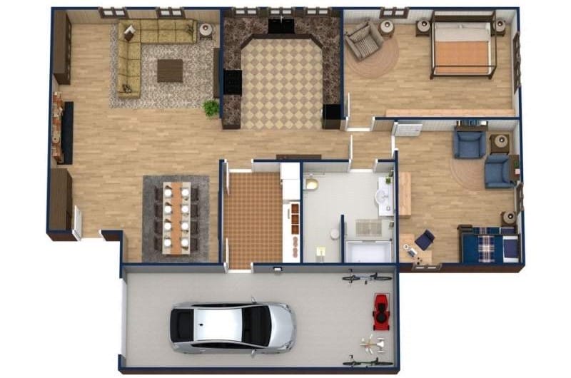 3D floor plan of a single-story home with three bedrooms, one bathroom, a living room, dining area, kitchen, and attached garage. The layout includes spacious rooms, a central hallway, and clear pathways for easy movement.