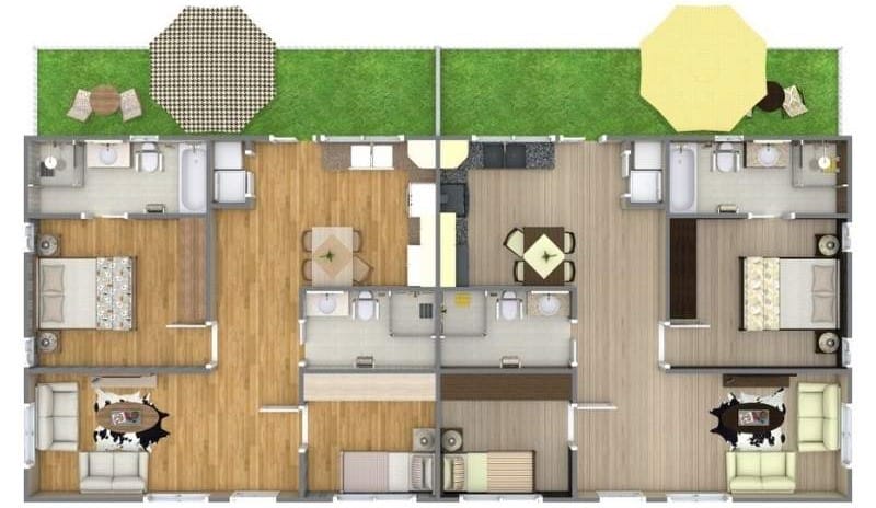 3D floor plan of a duplex home, each unit featuring two bedrooms, one bathroom, a kitchen, dining area, and living room. Both units have private outdoor patio spaces with seating, and the layouts are mirrored for a symmetrical design.