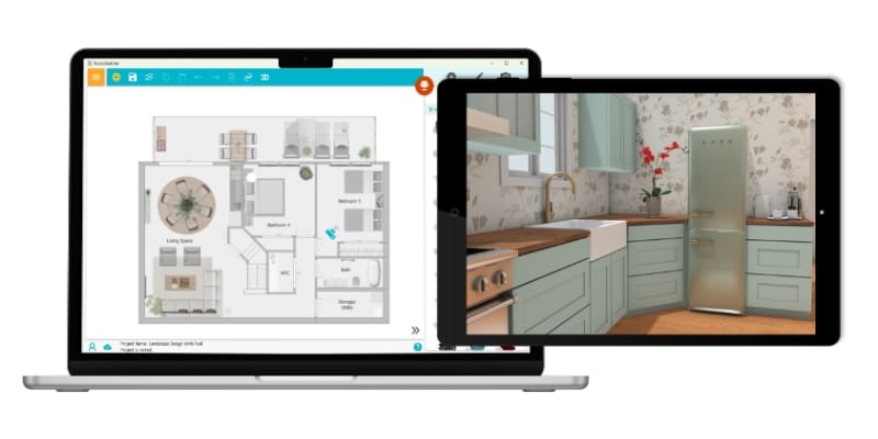 Room design software shown on a laptop and tablet. The laptop displays a 2D floor plan layout, while the tablet shows a realistic 3D rendering of a vintage-style kitchen with mint green cabinets and floral wallpaper.
