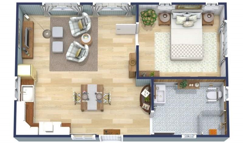 3D floor plan of a Scandinavian-style one-bedroom apartment with an open living and dining area, kitchen, spacious bedroom, and large bathroom. The design features light wood floors, cozy seating, patterned bathroom tiles, and minimalistic decor for a bright, airy feel.