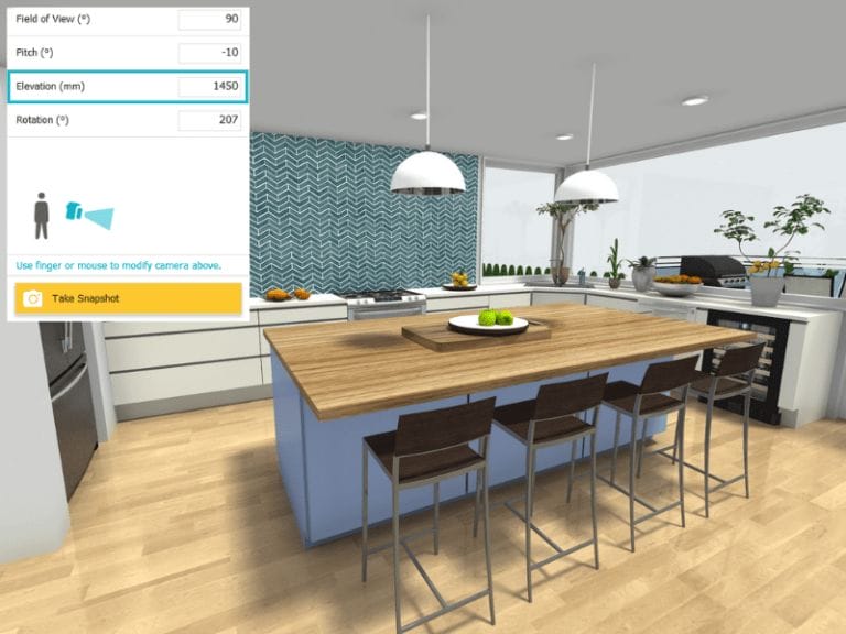 3D rendered image of a modern kitchen design with user interface settings visible on the left side. The interface shows camera settings such as field of view, pitch, elevation, and rotation.