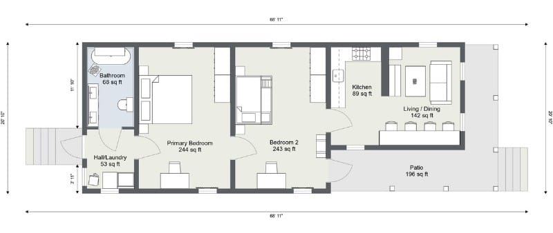 Two-bedroom rectangular house floor plan with a narrow layout. From left to right: a hall with laundry area, bathroom, primary bedroom, second bedroom, kitchen, and an open living/dining room leading to a patio. Room sizes are labeled, with the kitchen and living areas at the front, bedrooms in the middle, and bathroom and laundry at the back.