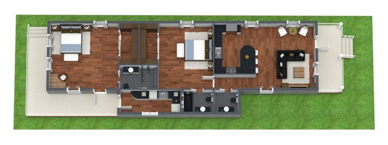3D floor plan of a single-story shotgun-style house with dark wood flooring. The front section features a living room with seating, followed by an open kitchen with a curved island. Behind the kitchen is a bedroom, a hallway, and two bathrooms. The rear of the house includes two additional bedrooms, with the back bedroom opening onto a covered deck. The home also has a front porch and multiple exterior entry points.